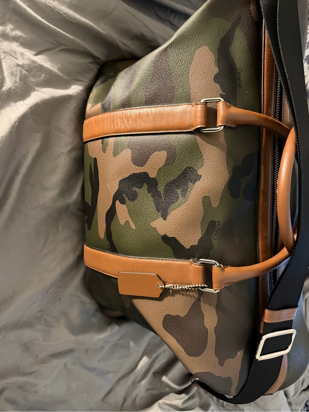 Coach Camouflage Duffel with Brown Leather Trim and Black Strap - Picture 2 of 9